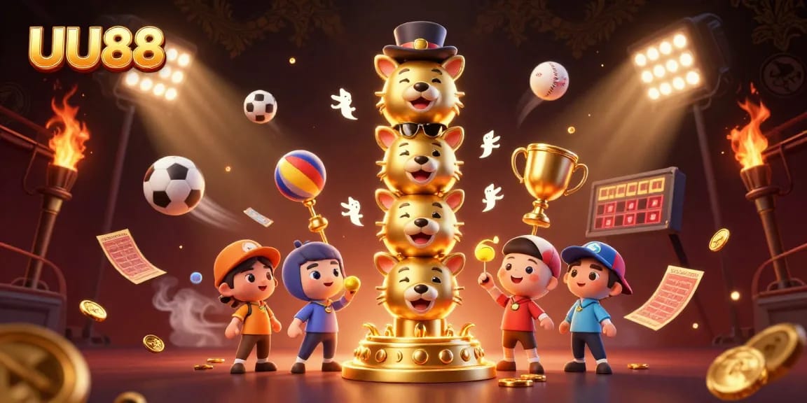 Engage with UU88 in this vibrant 3D illustration featuring a golden totem and dynamic sports elements.