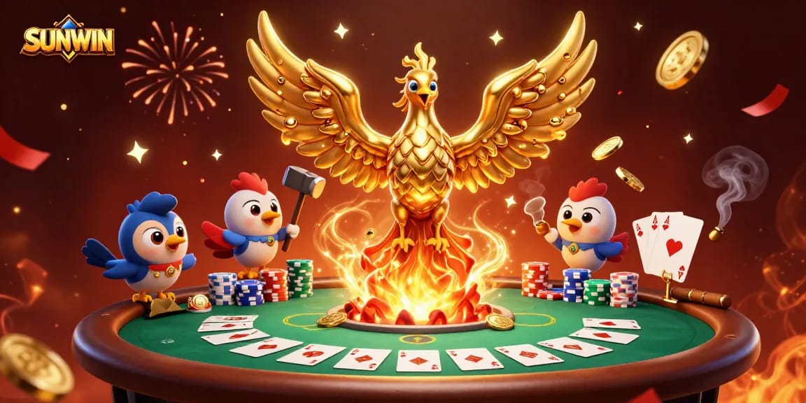 SUNWIN showcases a dynamic 3D casino scene with a golden phoenix and vibrant gambling elements.