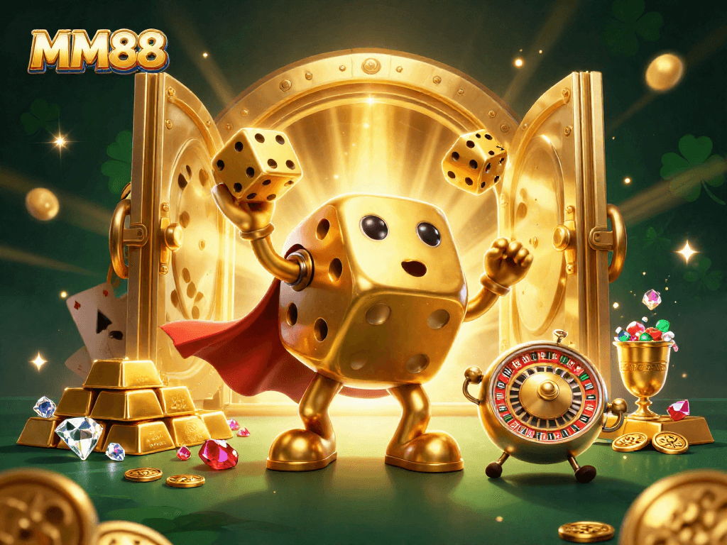 Experience thrilling gameplay with MM88's vibrant 3D casino illustration featuring golden dice and gems.