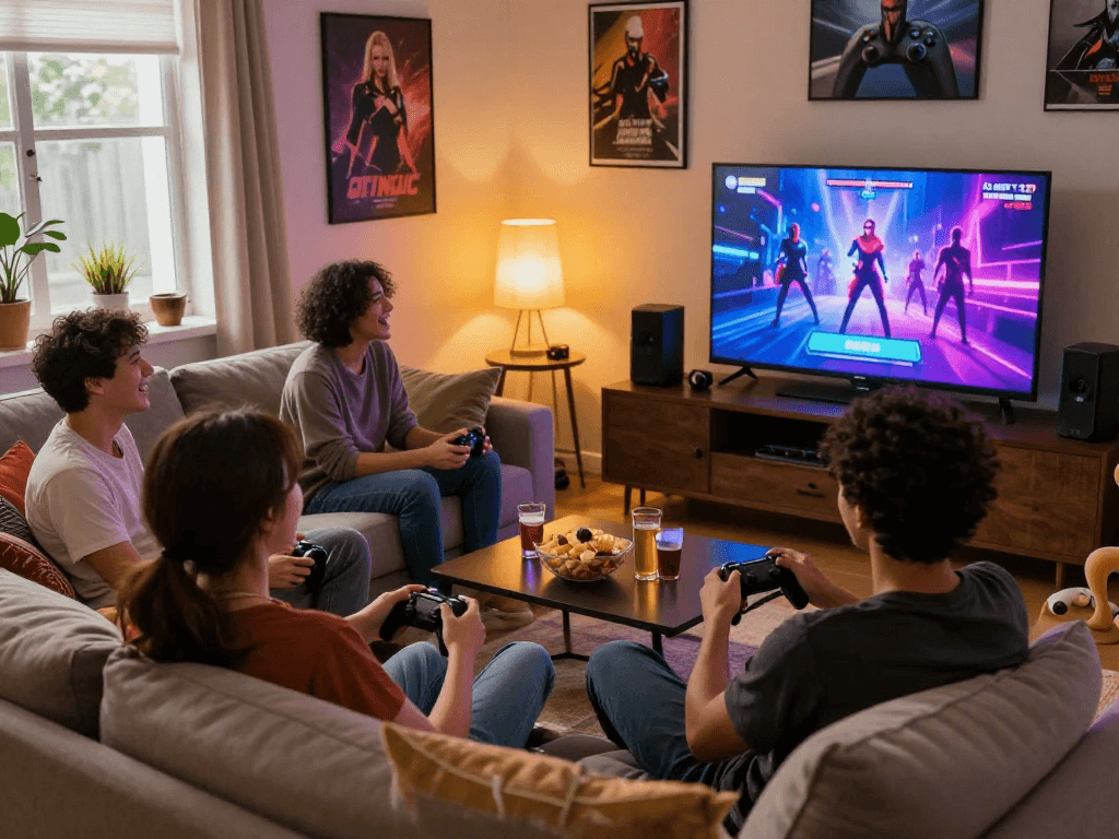 Players engaged in a real sex game, enjoying a cozy gaming session with laughter and snacks.