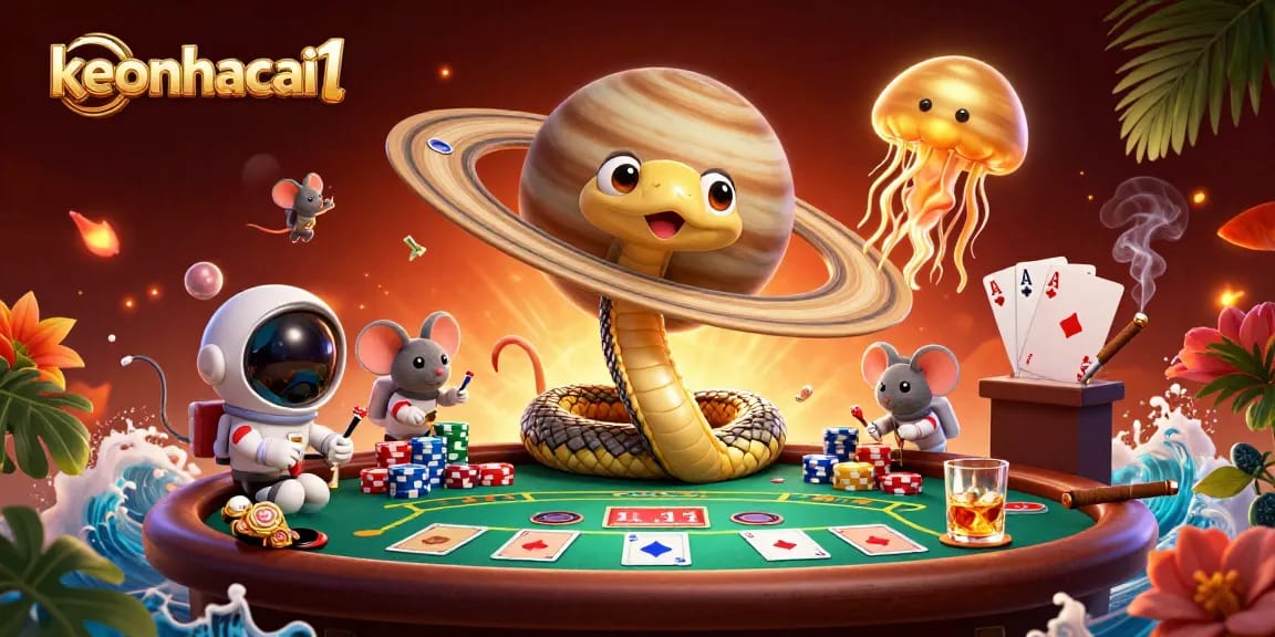 Engage with keonhacai1 through the thrilling cosmic illustration of animated betting in a vibrant casino environment.