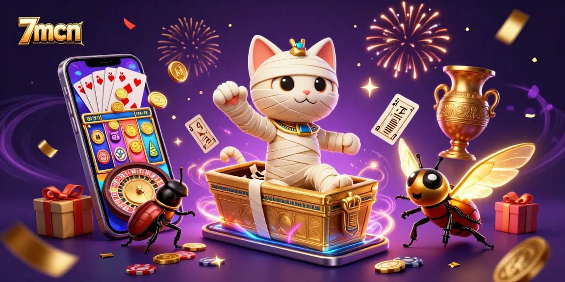 Experience 7mcn live action with a vibrant Egypt-themed casino illustration featuring dynamic characters and elements.