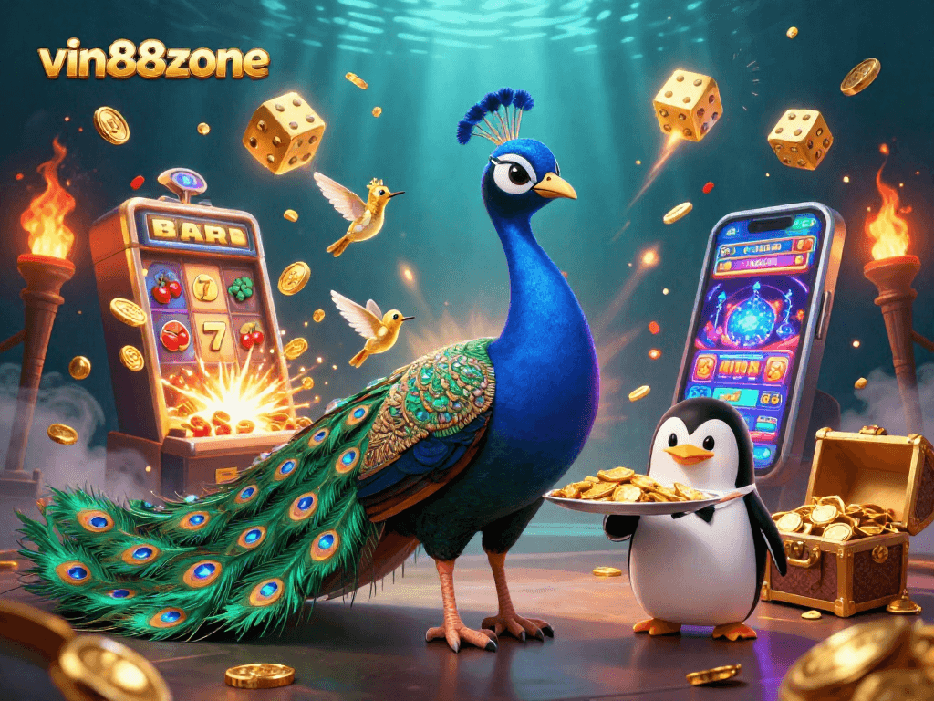 Experience the exciting world of vin88zone with a vibrant 3D cartoon casino scene showcasing a peacock, penguin, and hummingbird.