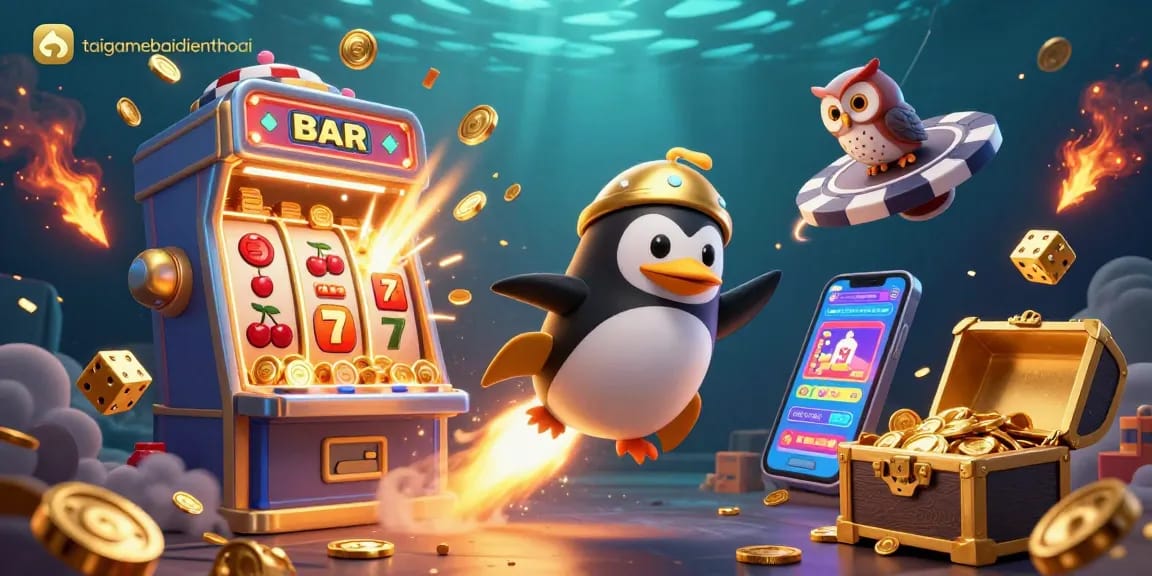 Experience thrilling gameplay with taigamebaidienthoai's 3D cartoon rocket-powered penguin in a vibrant casino world.