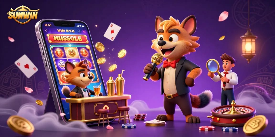 SUNWIN hyenas create a lively casino atmosphere with games and humor in a colorful illustration