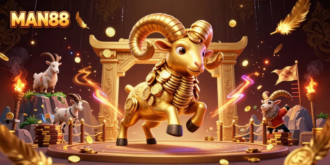 Engage in thrilling gameplay with MAN88 at an epic casino arena featuring golden ram and betting tokens.