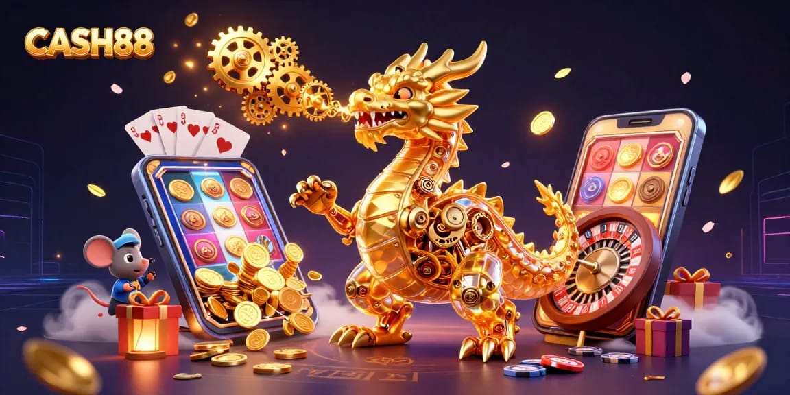 Engage with CASH88's thrilling casino experience through a golden dragon, slot games, and poker chips.