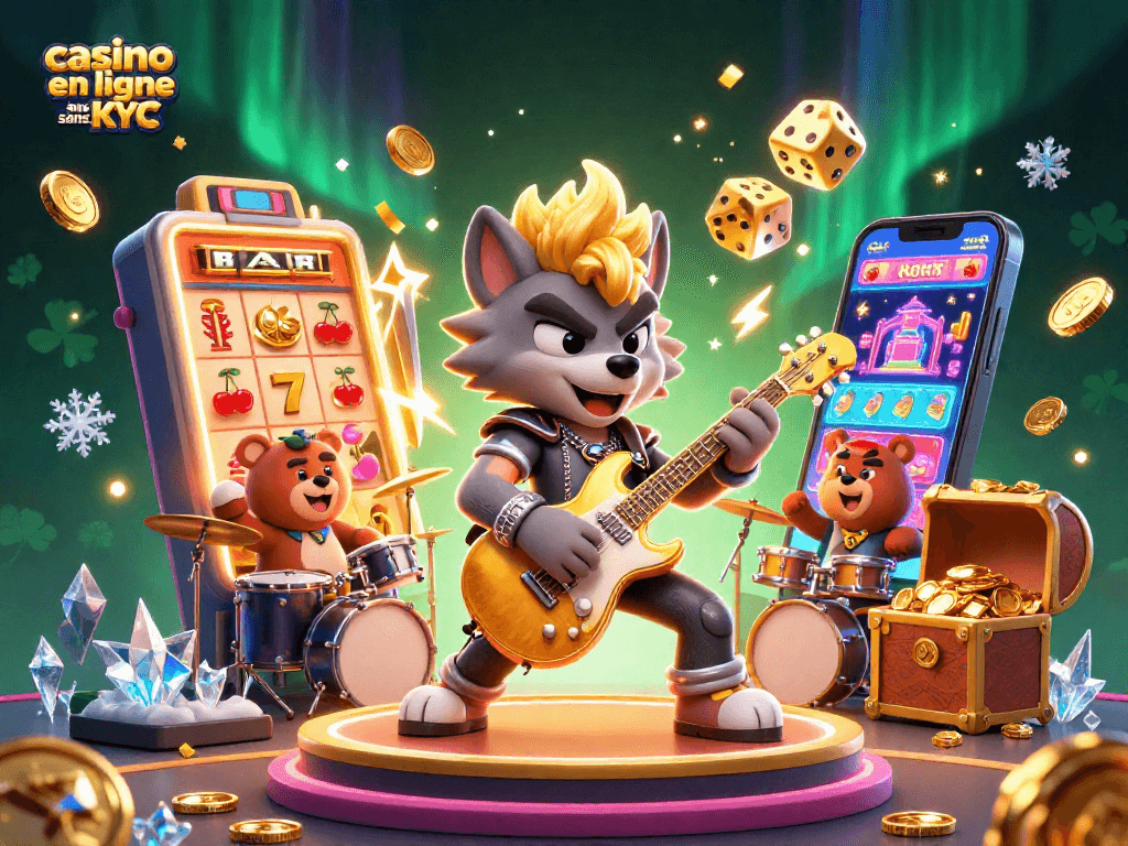 Jouez au casino en ligne sans KYC avec cette illustration dynamique de machines à sous et personnages animés.