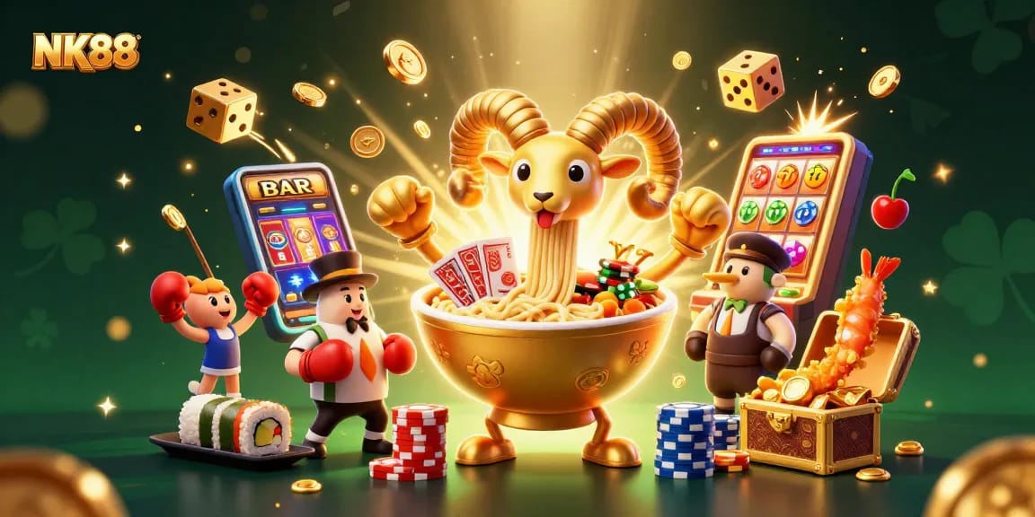 Experience thrilling gambling action with NK88's vibrant illustration of dynamic casino characters.
