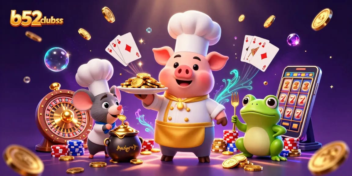 B52clubss elevates gaming with cheerful characters serving gold coins, surrounded by casino elements.