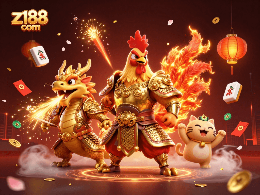 Engage in thrilling gameplay action with z188 com featuring a rooster and dragon in a vibrant casino scene