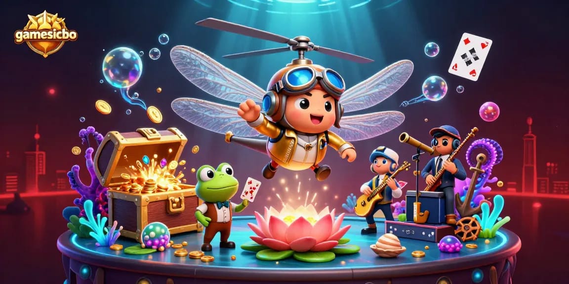 Engage in thrilling gamesicbo action featuring a dragonfly pilot and frog croupier amid vibrant underwater treasures.