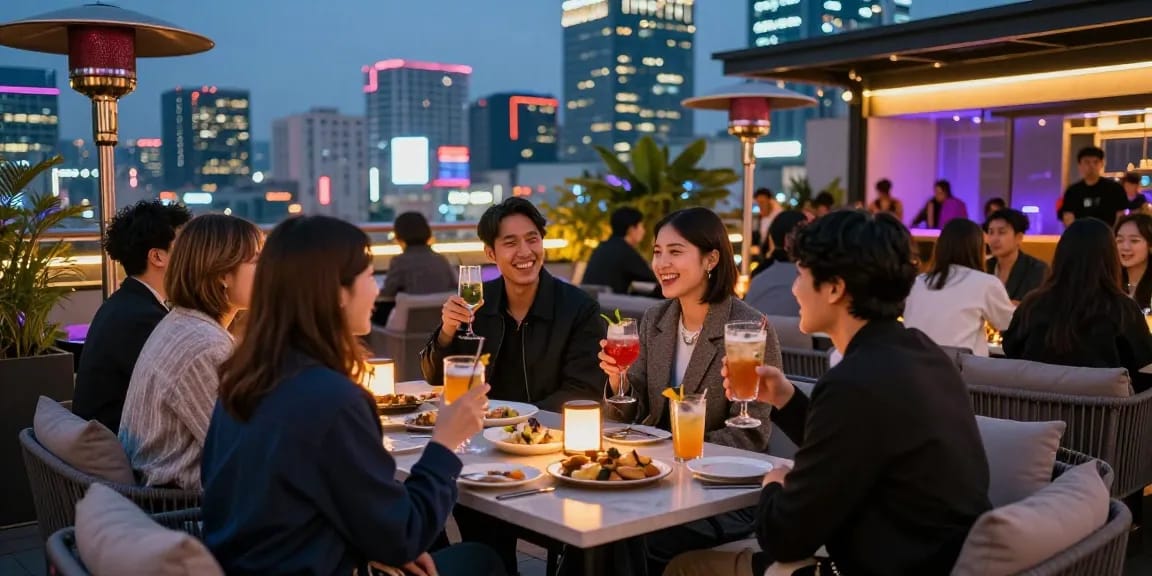 강남 세이렌과 함께하는 젊은이들의 유쾌한 밤, 도시 배경의 루프탑 바에서의 순간.