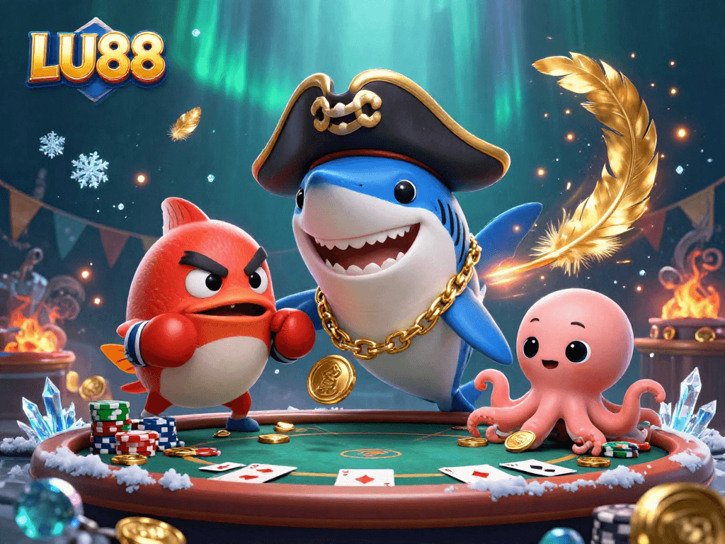 LU88 features a cartoon pirate shark and friends in a vibrant casino scene with festive elements.