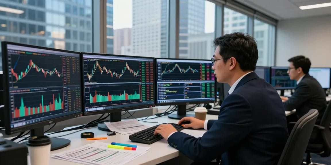 Trader analyzing m98 stock trends in a busy financial office environment with multiple screens.