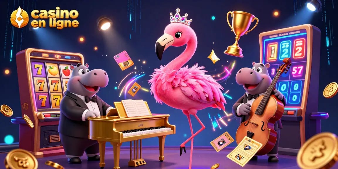 Jouez au casino en ligne avec une chanteuse flamant et un bassiste hippo dans une scène dynamique remplie d'éléments de jeu.