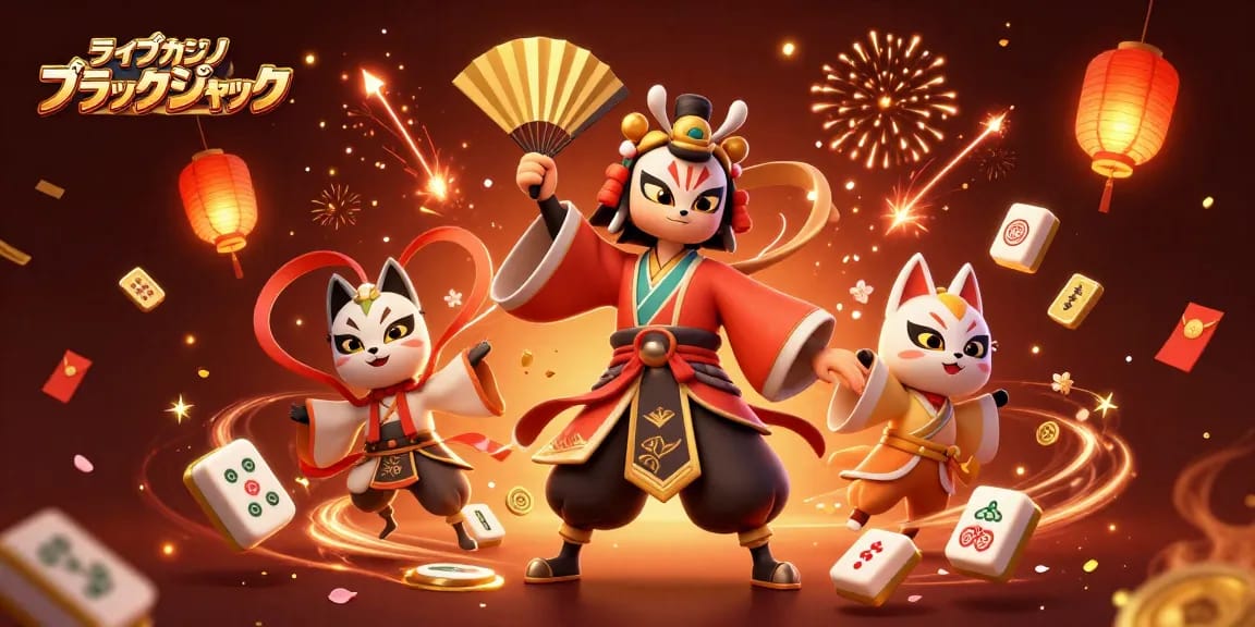ライブカジノ ブラックジャックを楽しむための3Dイラスト。カブキ戦士と狐の仮面の仲間。