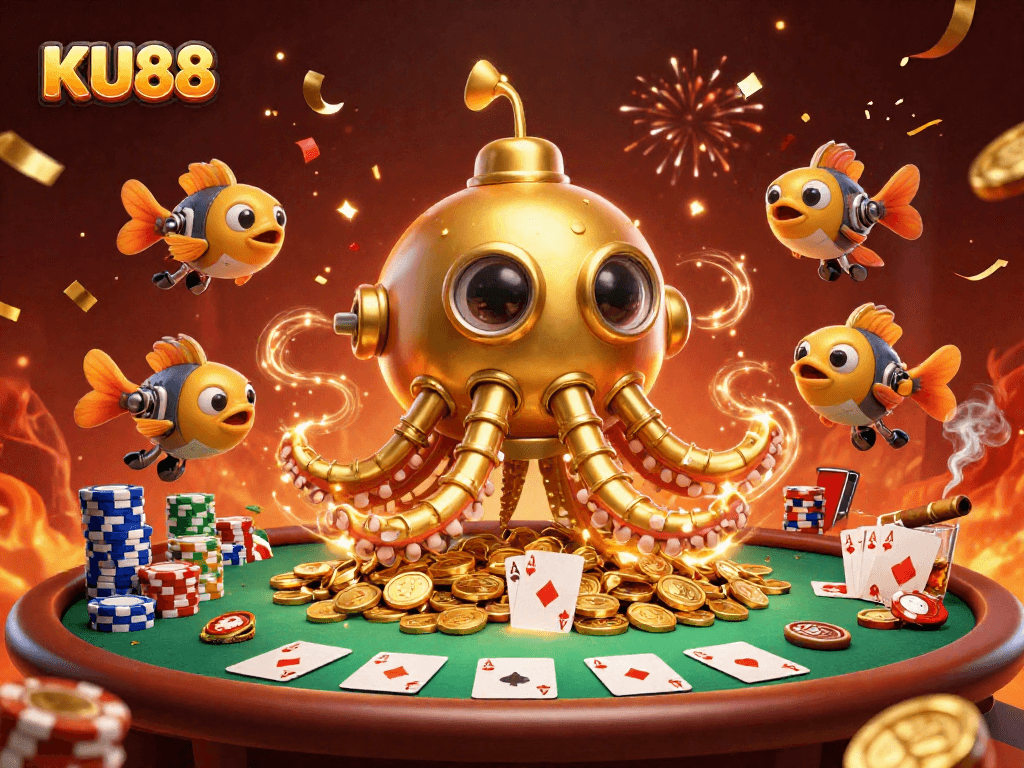 Experience the thrill of gaming with KU88, featuring a submarine kraken and poker elements.