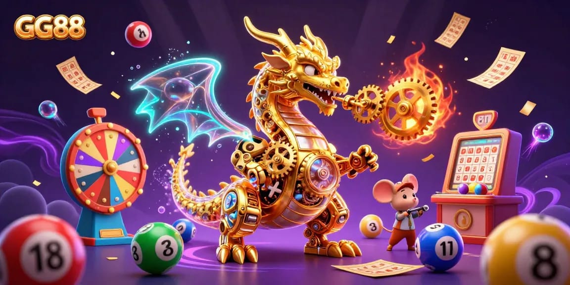 Spin to win at GG88 with a dynamic 3D illustration showcasing vibrant lottery elements.