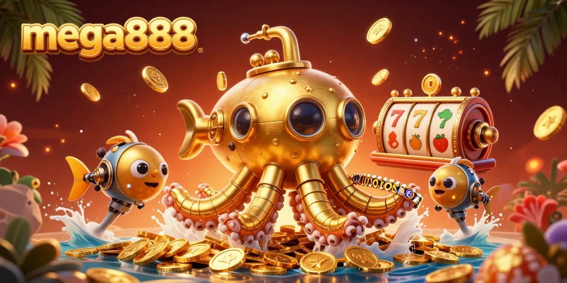 Players revel in jackpots with mega888 amidst golden coins and vibrant slot symbols.