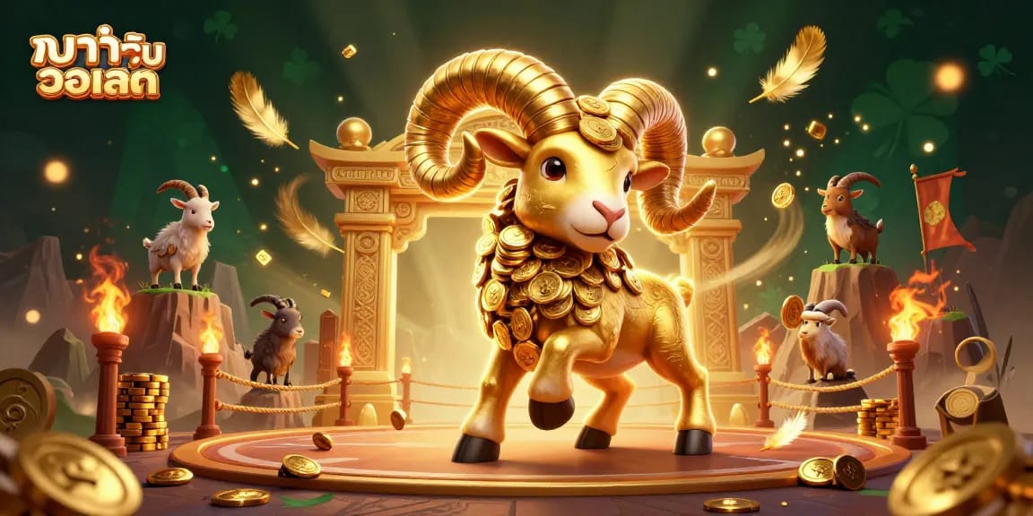 Experience the excitement of บาคาร่ารับวอเลท with a dynamic 3D scene featuring a golden ram and casino elements.