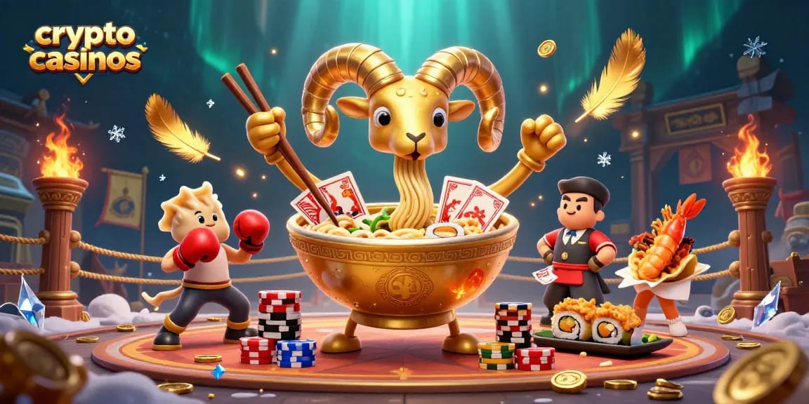 Découvrez les crypto casinos avec une illustration dynamique de jeux, pièces d'or, et personnages amusants.