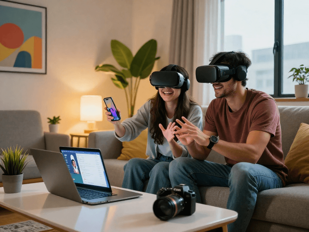 Couple enjoying the ai gf app in a vibrant modern living room.