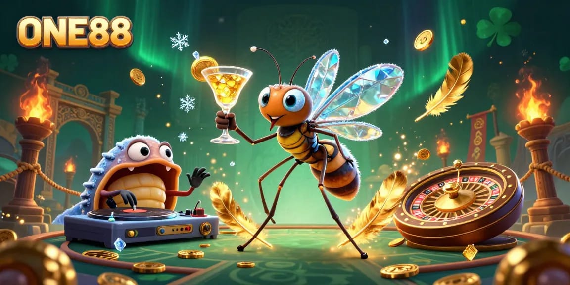 Experience the thrill of ONE88 with a lively casino illustration featuring an amber mosquito mascot.