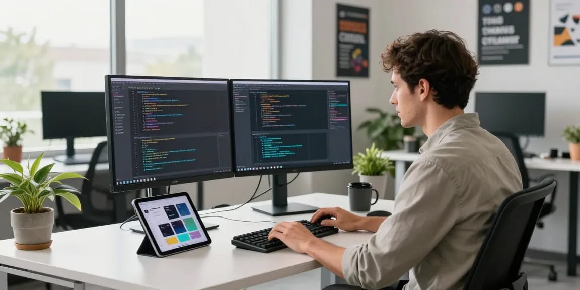 Developer coding in a modern workspace showcasing the 456bd tech industry, with dual monitors and a creative atmosphere.