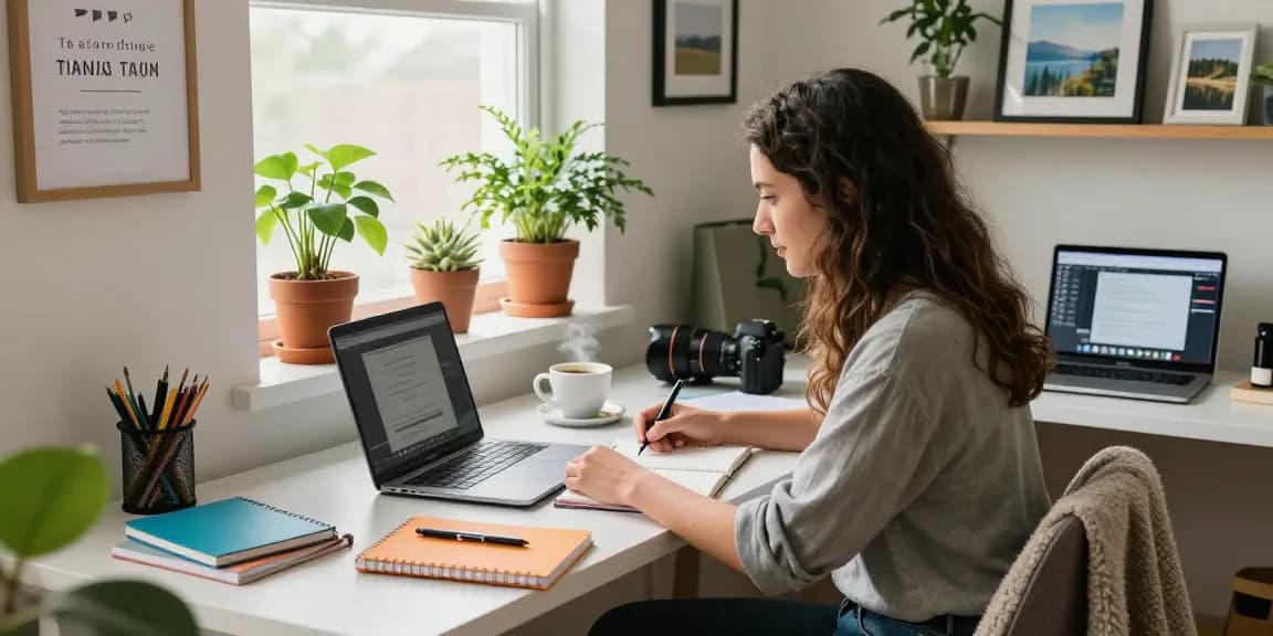 More from our blog: Vibrant home office scene with individual engaged in creative blogging, showcasing productivity and inspiration.