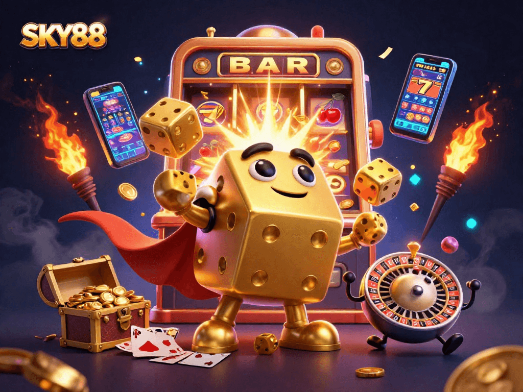 Experience thrilling gaming at SKY88 with a golden dice golem and massive slot machine explosion!