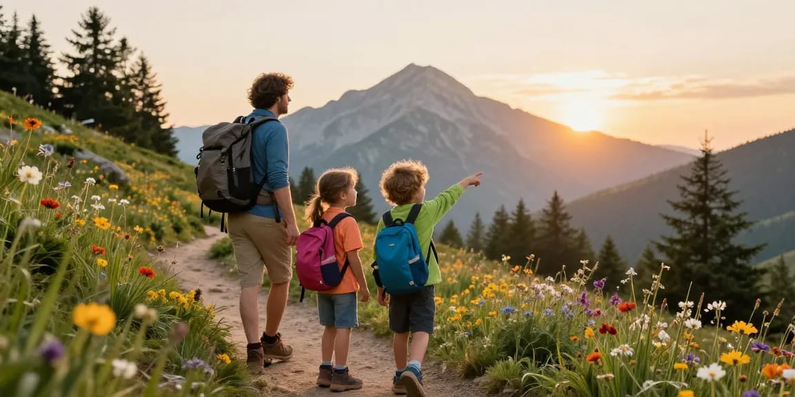 Family enjoying hiking together in nature, showcasing mantra88 adventure experiences.
