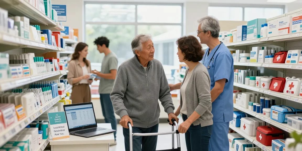 Medical supply near me, professionals assisting patients with mobility aids in a bright, organized store.