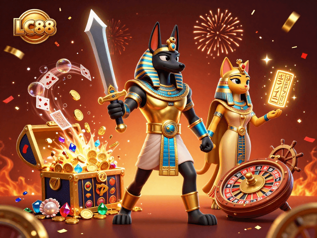 Engage with thrilling gambling action at LC88 in this energetic 3D casino scene.