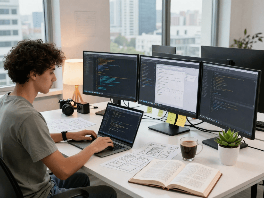 Creating gb whatsapp apk in a modern tech workspace, showcasing code and app design.
