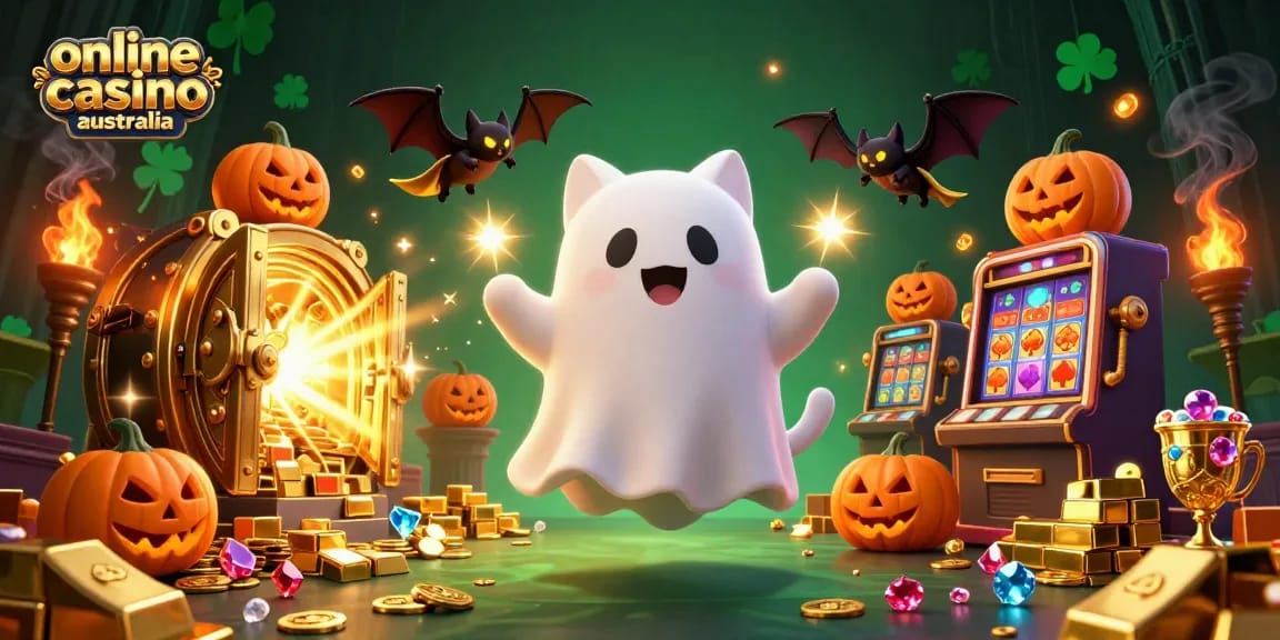 Explore the enchanted online casino australia scene with a ghost cat and a vampire bat amidst glowing treasures.