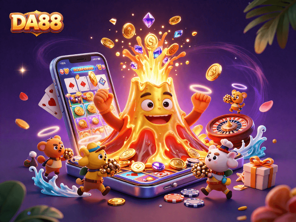 Engage with DA88's vibrant casino offerings as golden treasures erupt from an animated volcano.