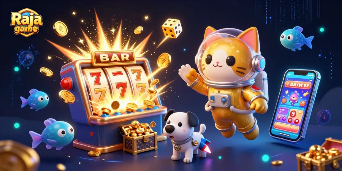 Engage with exciting casino action in Raja game featuring a space astronaut cat and dynamic slot machine.