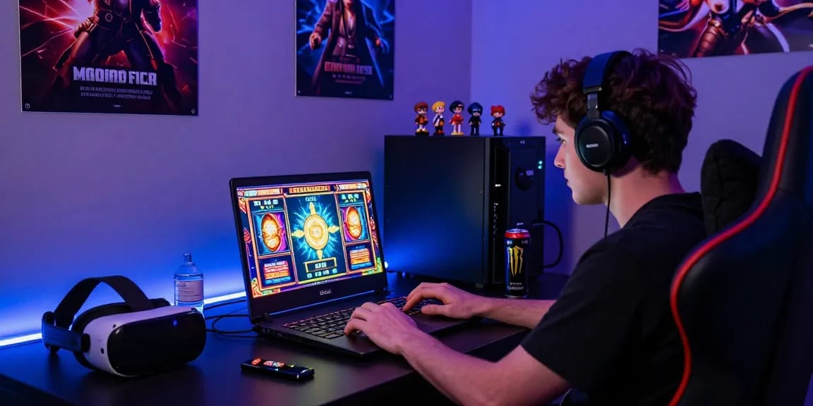 Bolaslot99 dalam dunia gaming online dengan pemain terfokus pada permainan slot berwarna cerah.