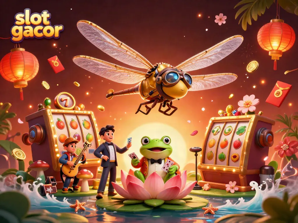 Experience vibrant slot gacor excitement with a dragonfly pilot, frog croupier, and jazz musicians in a bustling casino scene.