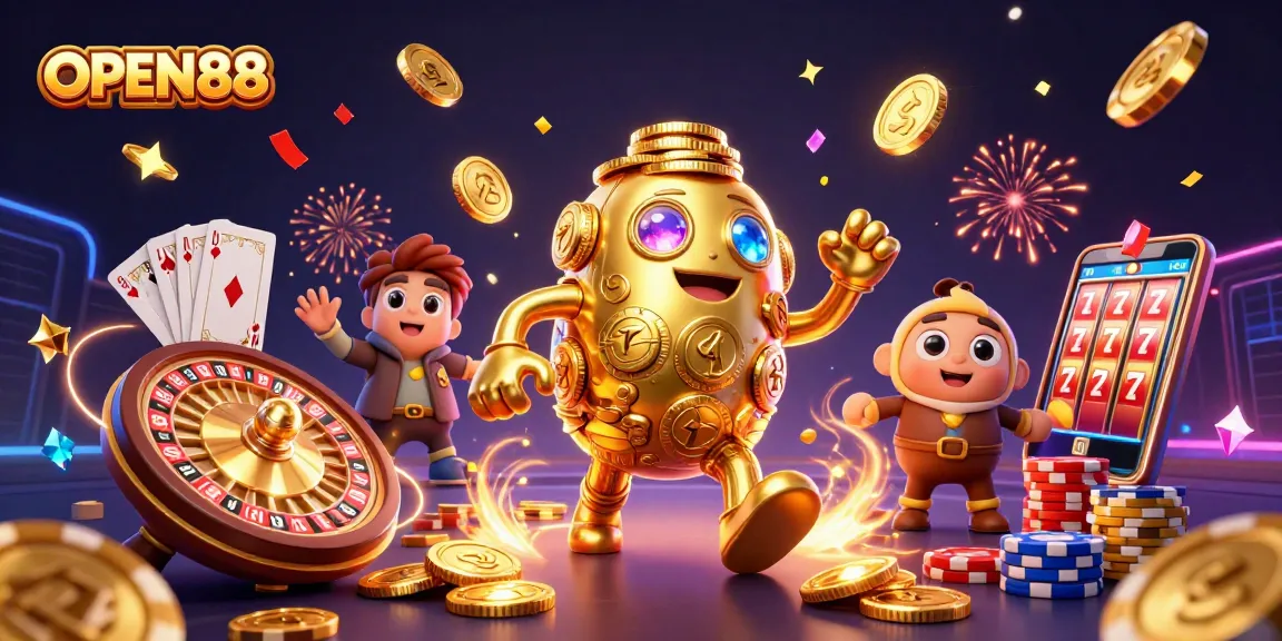 Experience the excitement of OPEN88 with a golden golem, cascading coins, and dynamic casino symbols.