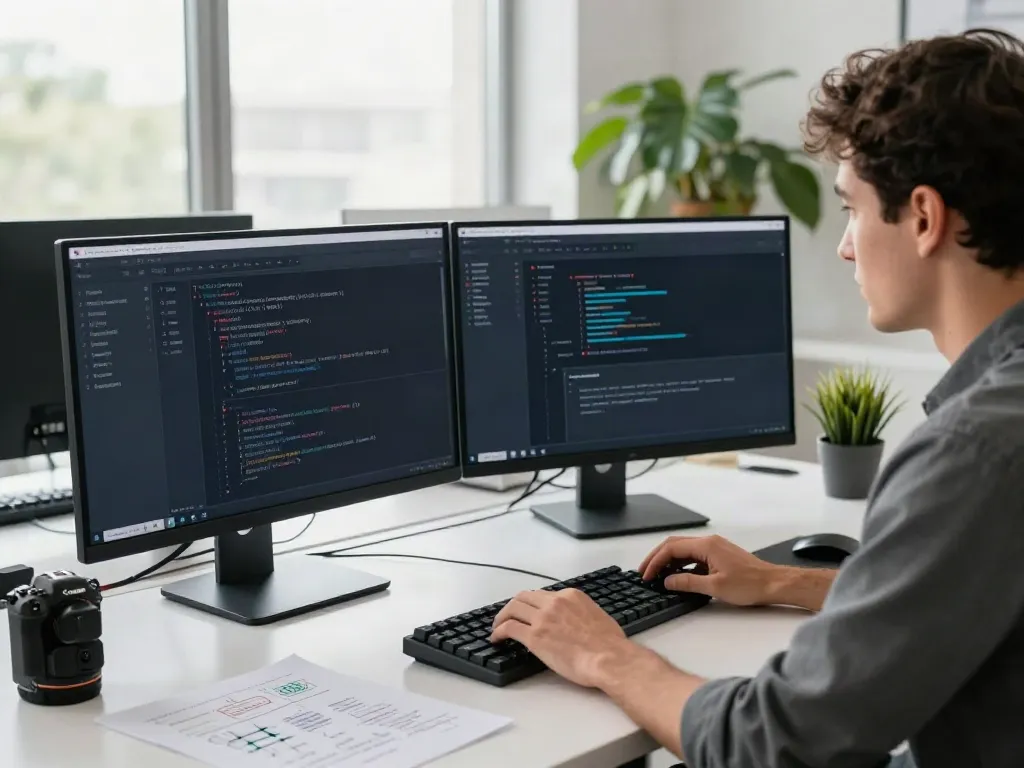 Developer coding on the Brave browser in a modern tech workspace setup.