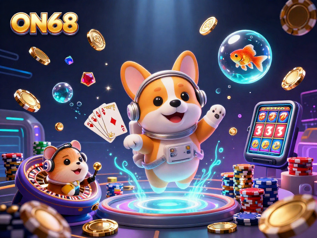 Experience thrilling gaming at ON68 with floating coins and vibrant casino elements