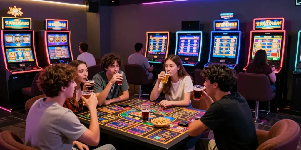 Friends enjoying slot gacor gaming in a vibrant lounge, sharing drinks and excitement.
