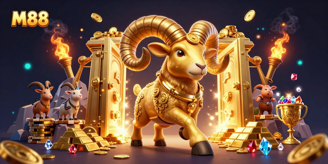 M88 brings excitement to online gambling with dynamic action, showcasing a golden ram charging through a treasure vault.