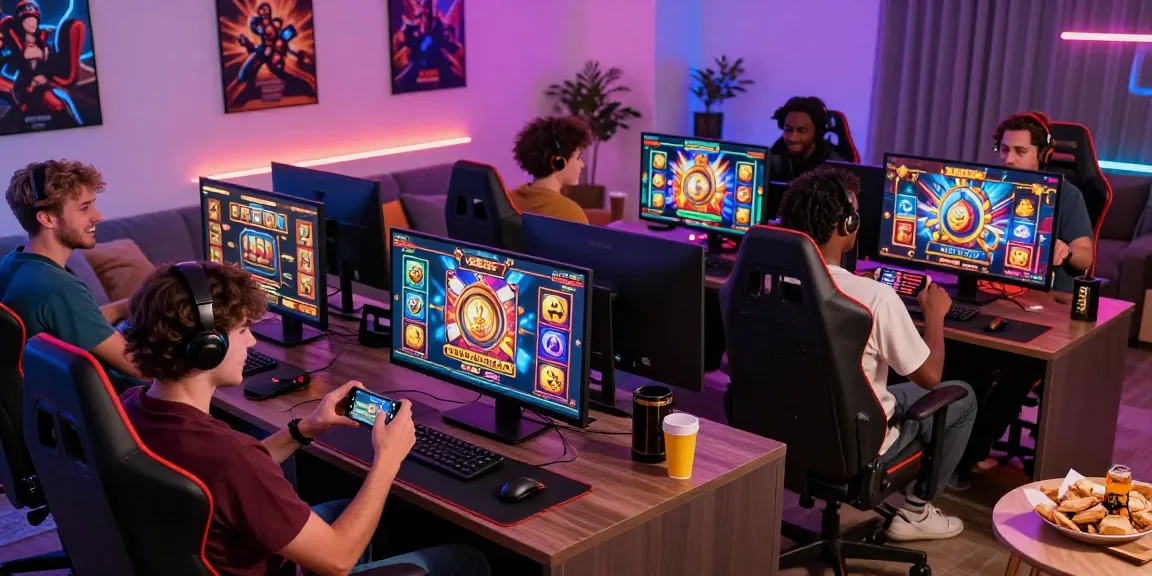 Exciting scene of diverse players enjoying situs gacor online slots in a vibrant gaming setup at home.