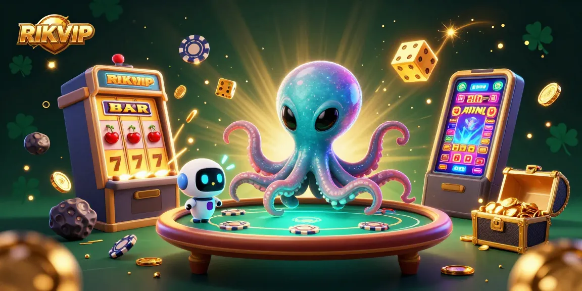 Experience exciting casino gaming with RIKVIP, where alien octopuses host dynamic poker tables surrounded by golden treasures.