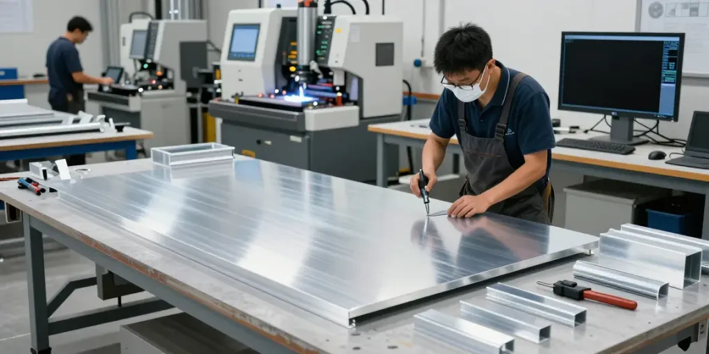 Aluminium fabrication workshop with skilled craftsmen using tools on metal sheets, highlighting precision and craftsmanship.