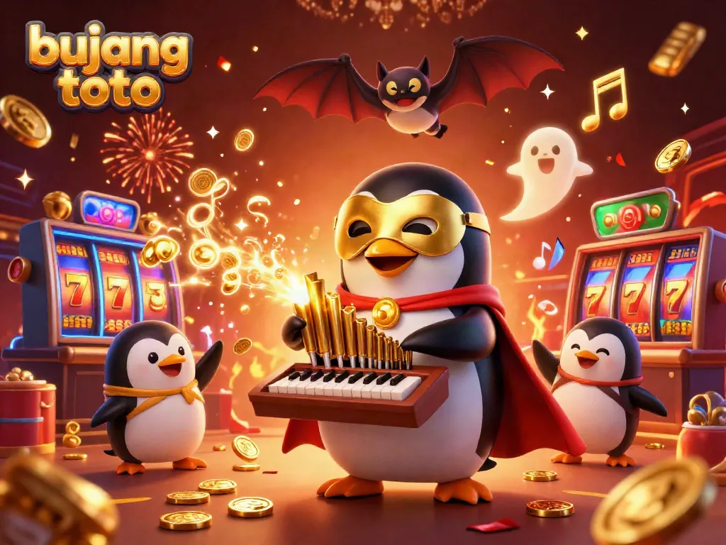 Experience bujang toto excitement with a dynamic casino scene featuring a cartoon penguin playing a golden organ amidst slot reels.