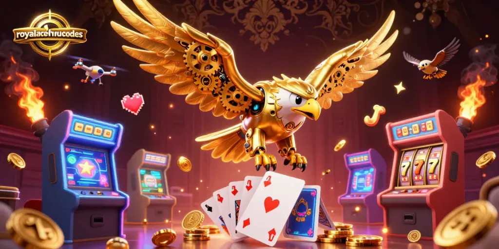 Spin through the exhilarating world of royalacebonuscodes with a majestic cybernetic eagle diving amidst vibrant casino elements.
